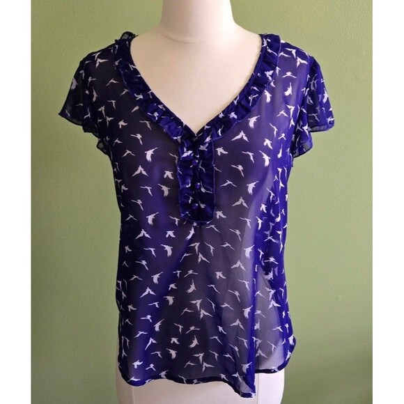 Lily Rose Blue Sheer Bird Blouse Size Small - Picture 1 of 4